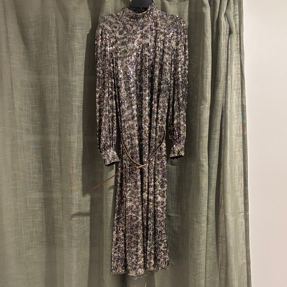 Zara Sequin Leopard Print Long Sleeve Dress